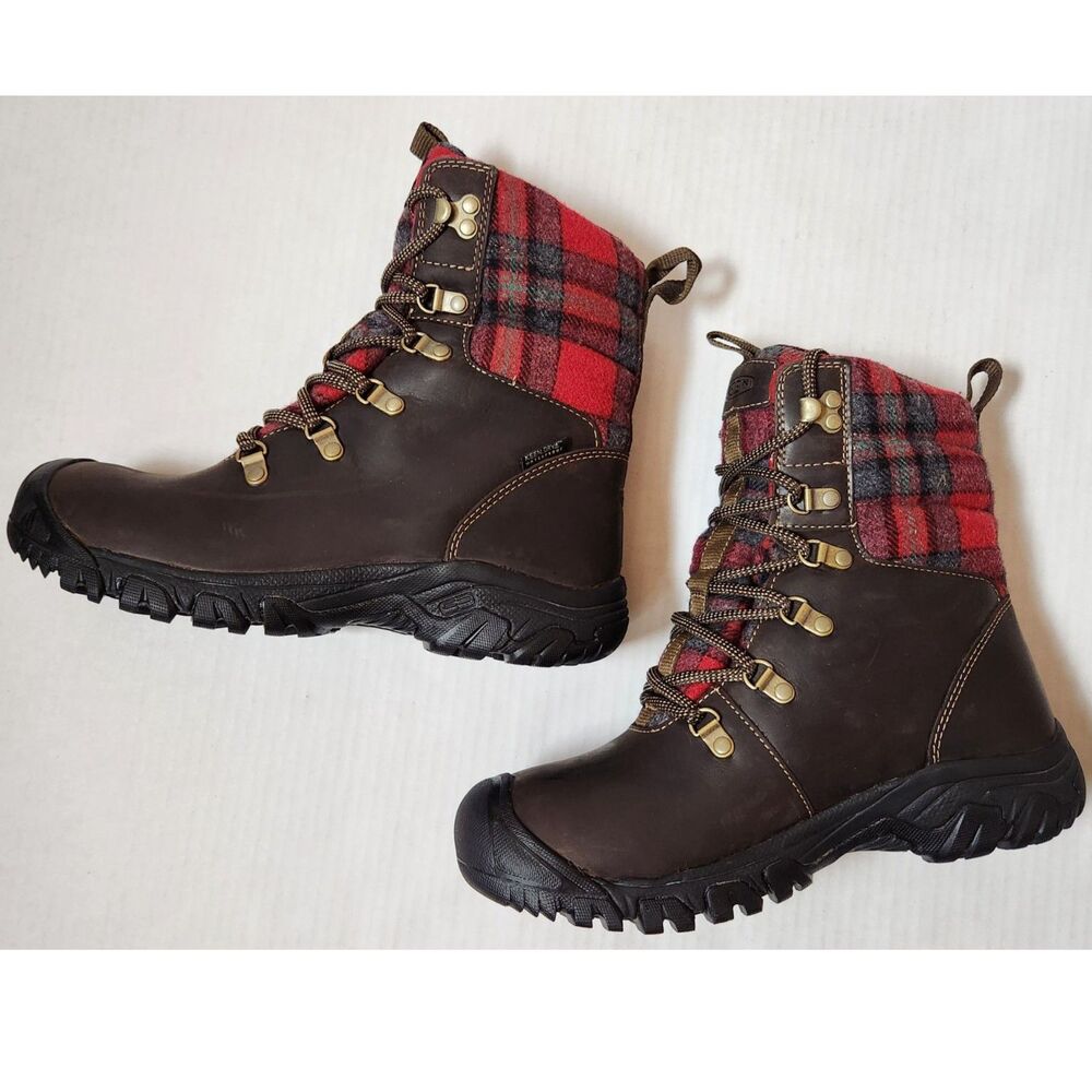 KEEN Greta Waterproof Boots Women's 7.5 Dark Brown Red Plaid Insulated